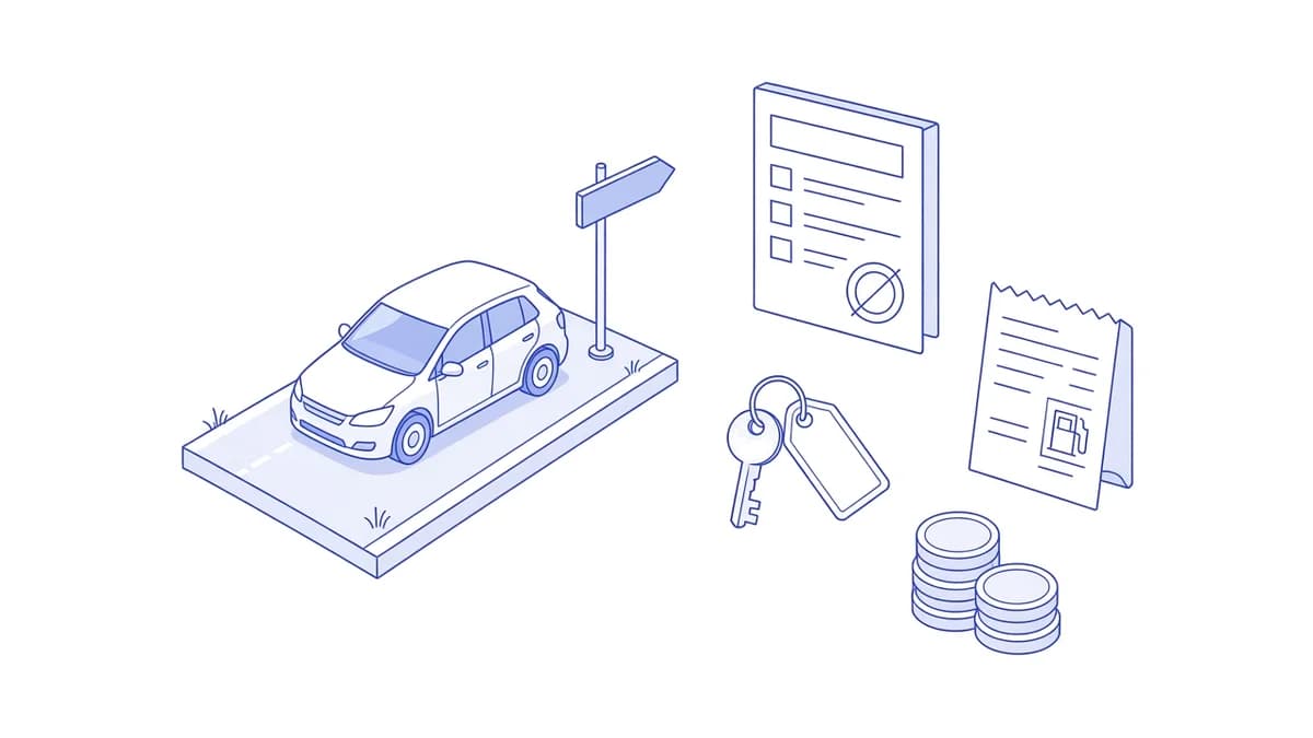 Automobil na cesti uz putokaz, putni nalog s pečatom, ključ sobe i stup kovanica