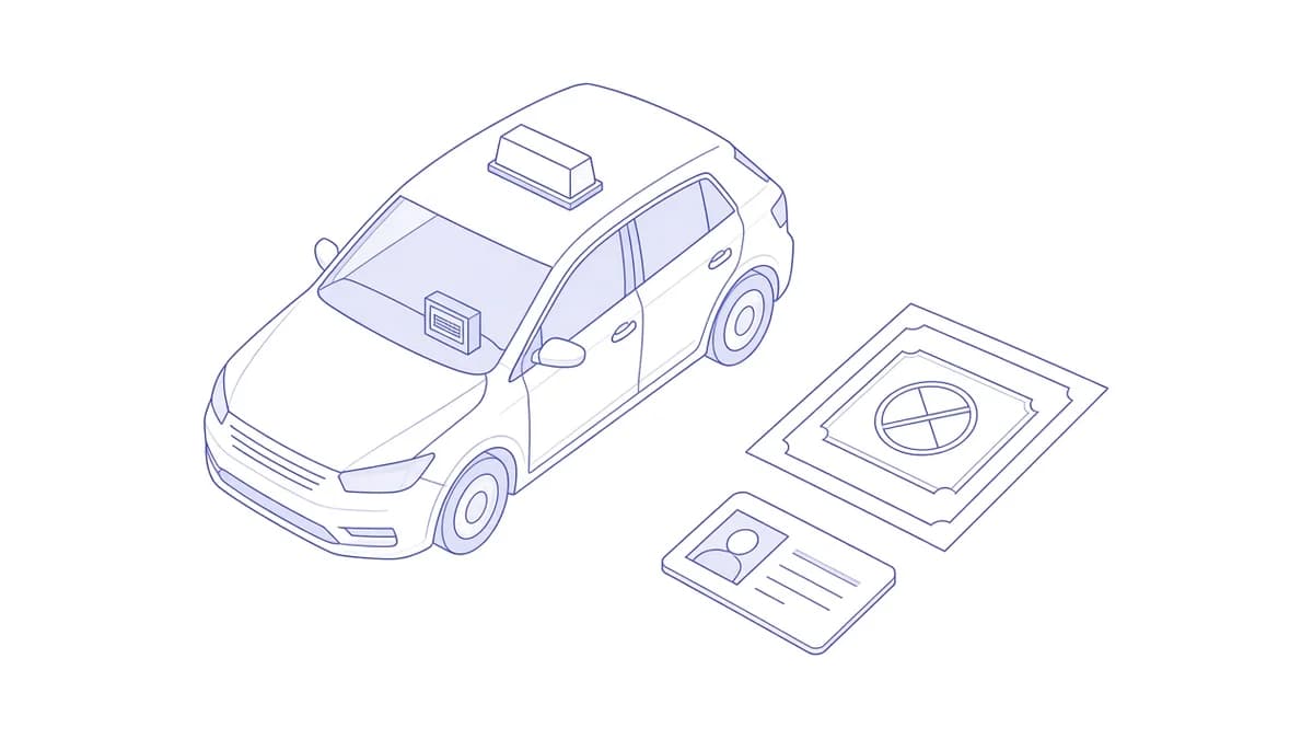 Automobil s krovnom oznakom taksija, dokument s pečatom i hrpice kovanica